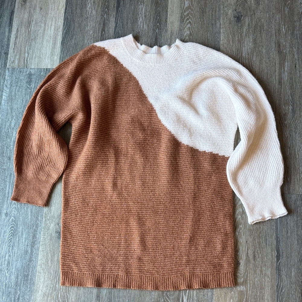 Colorblock Crewneck Sweater Dress - Cream and Brown